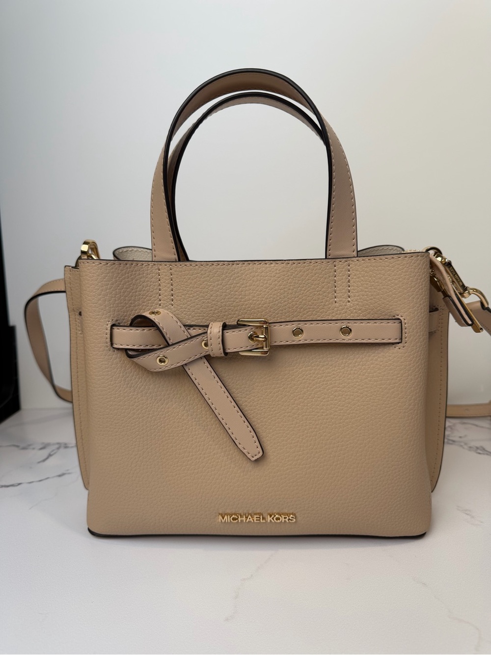 Michael Kors Taupe Pebbled Leather Satchel with Belt Detail